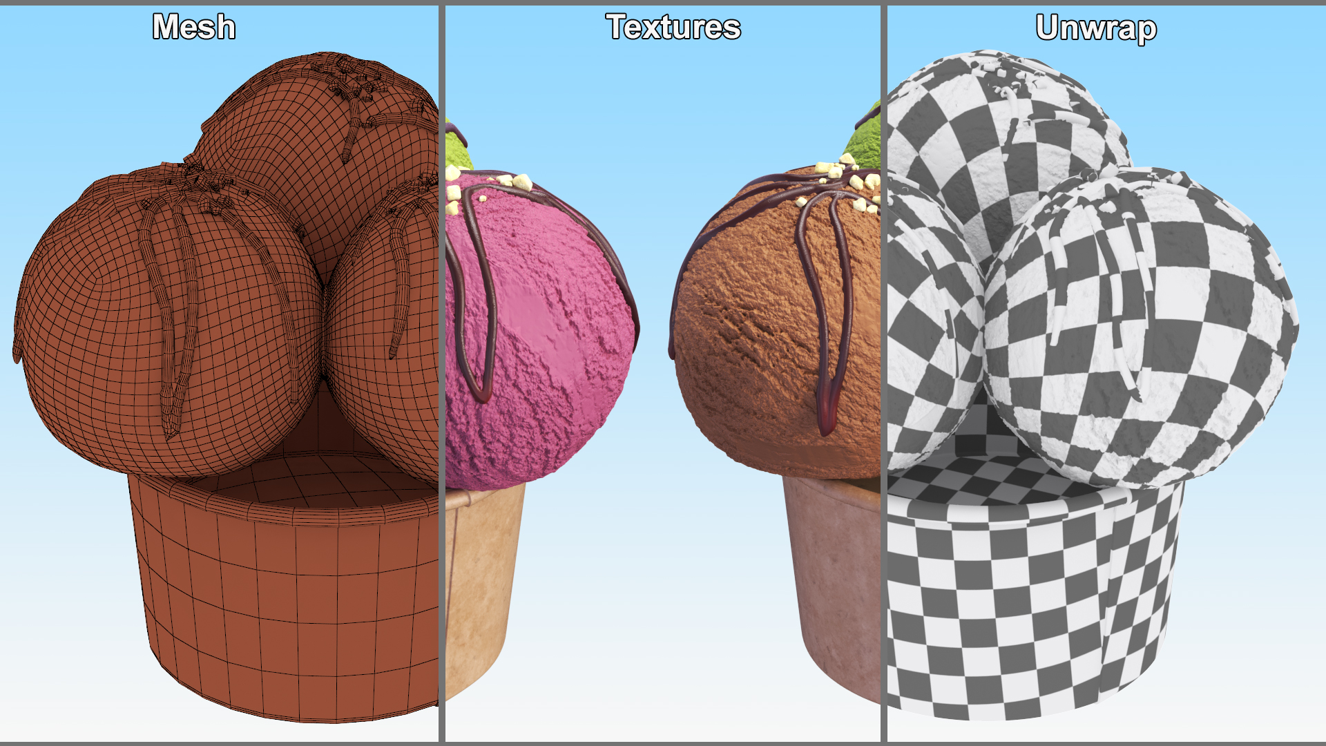3D model Multicolored Ice Cream Balls with Nuts in Cardboard Cup