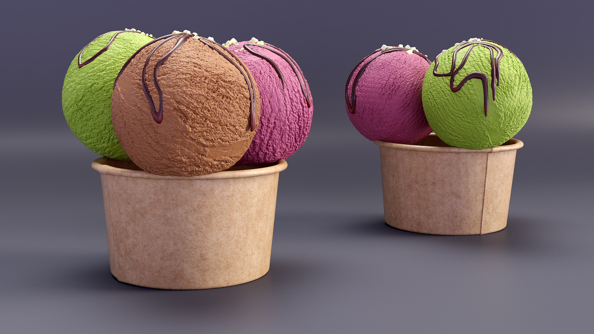 3D model Multicolored Ice Cream Balls with Nuts in Cardboard Cup