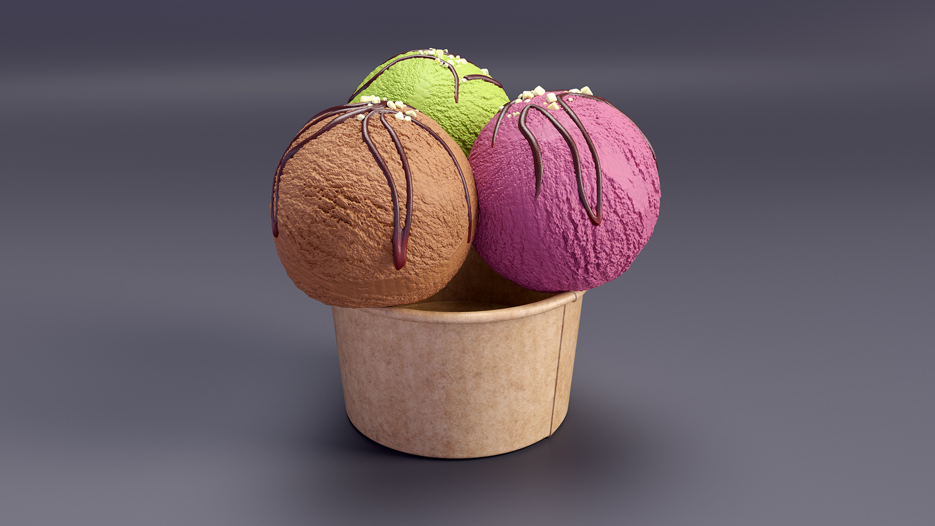 3D model Multicolored Ice Cream Balls with Nuts in Cardboard Cup