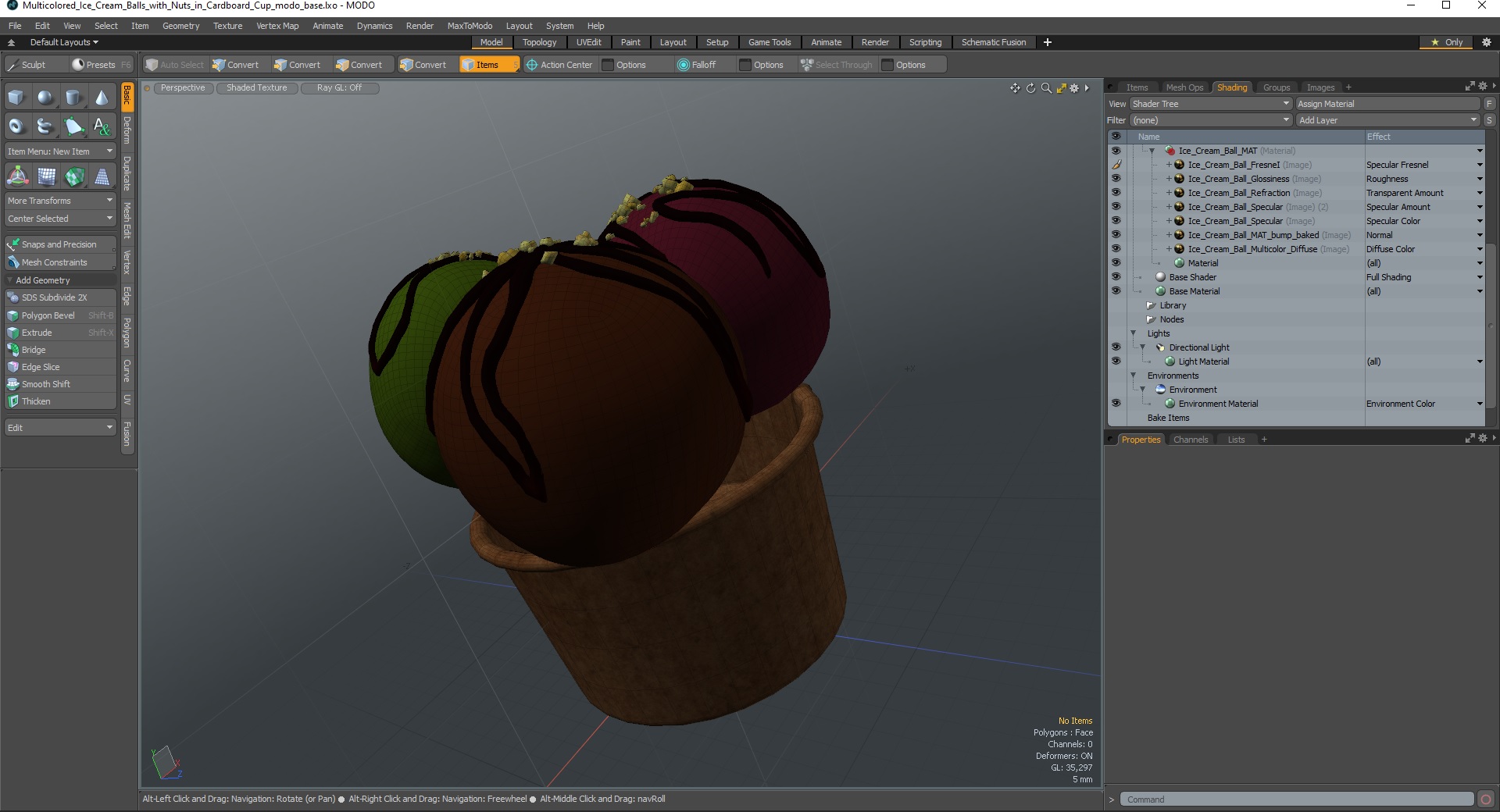 3D model Multicolored Ice Cream Balls with Nuts in Cardboard Cup