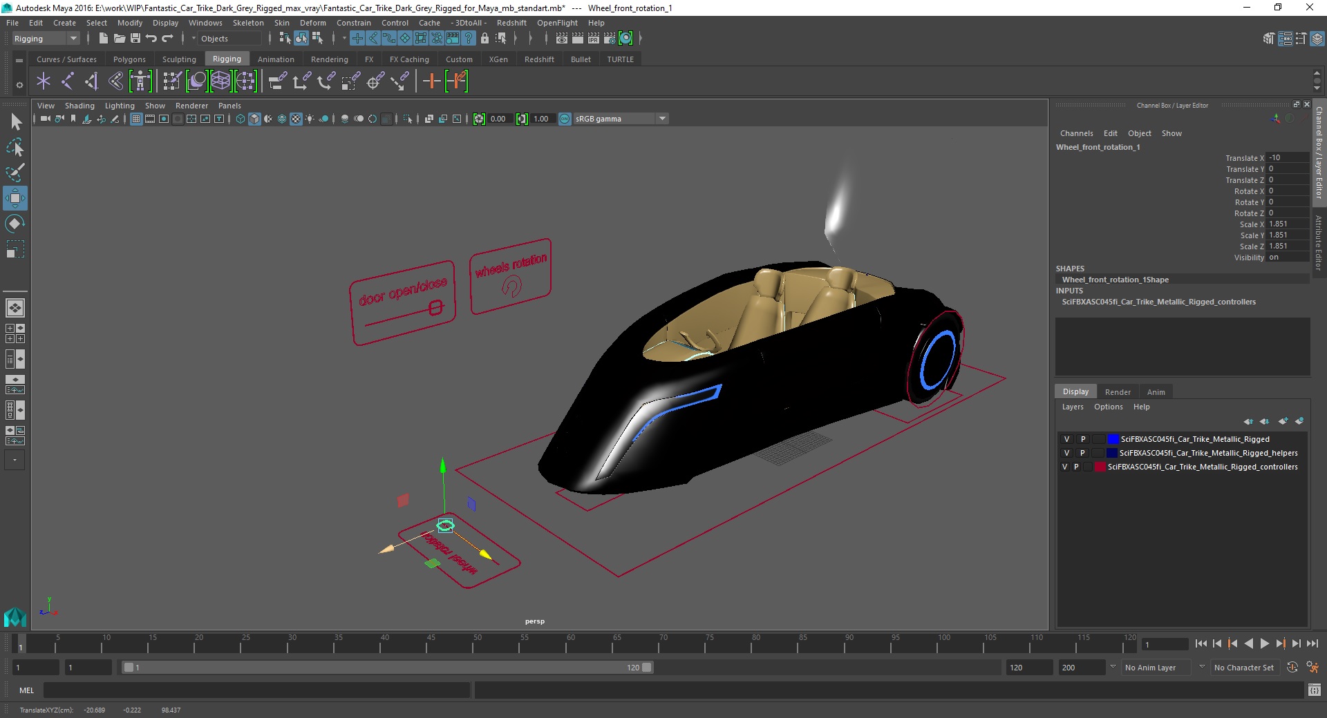 3D model Fantastic Car Trike Dark Grey Rigged for Maya