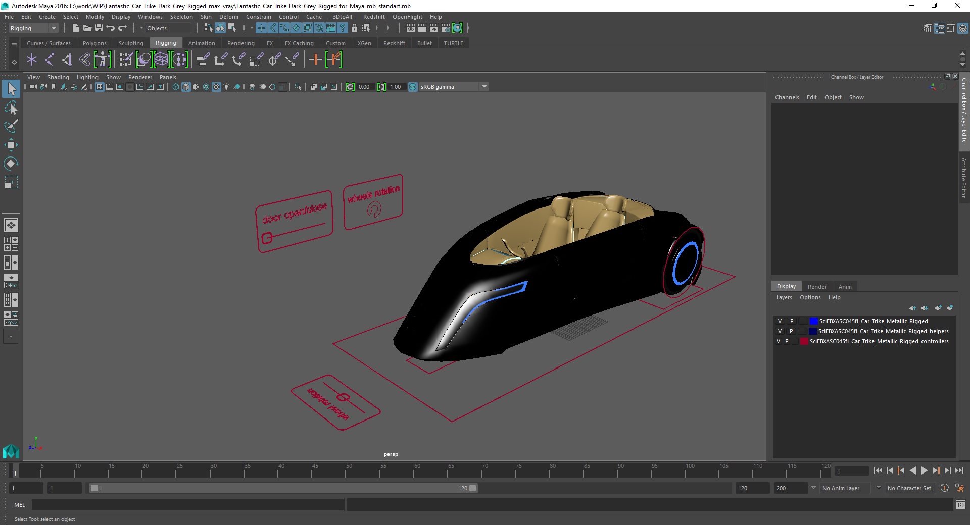 3D model Fantastic Car Trike Dark Grey Rigged for Maya