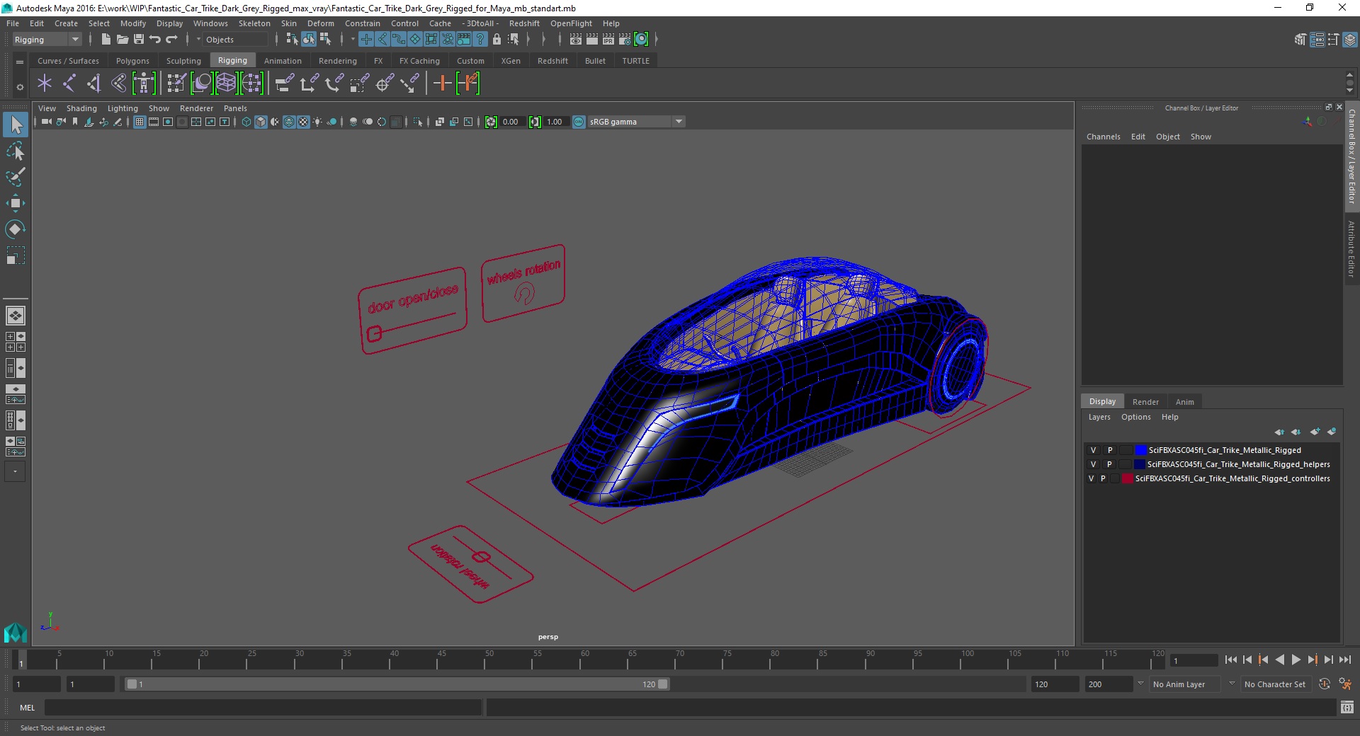 3D model Fantastic Car Trike Dark Grey Rigged for Maya