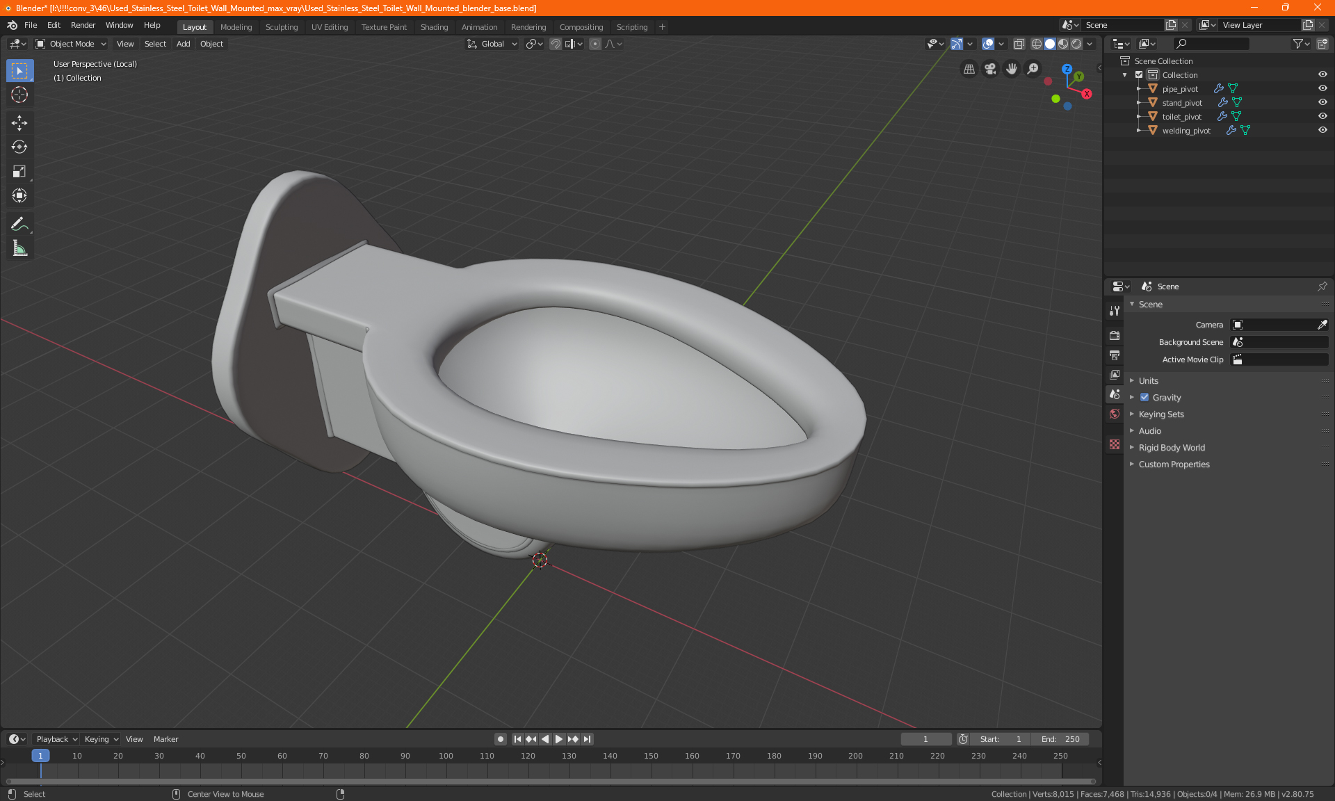 3D model Used Stainless Steel Toilet Wall Mounted