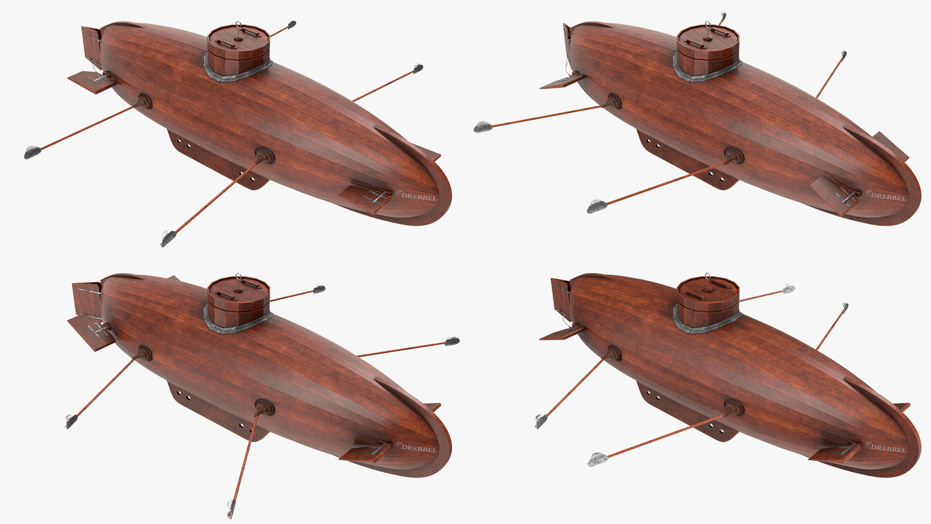 Realistic Model of Drebbel Submarine Rigged for Cinema 4D 3D
