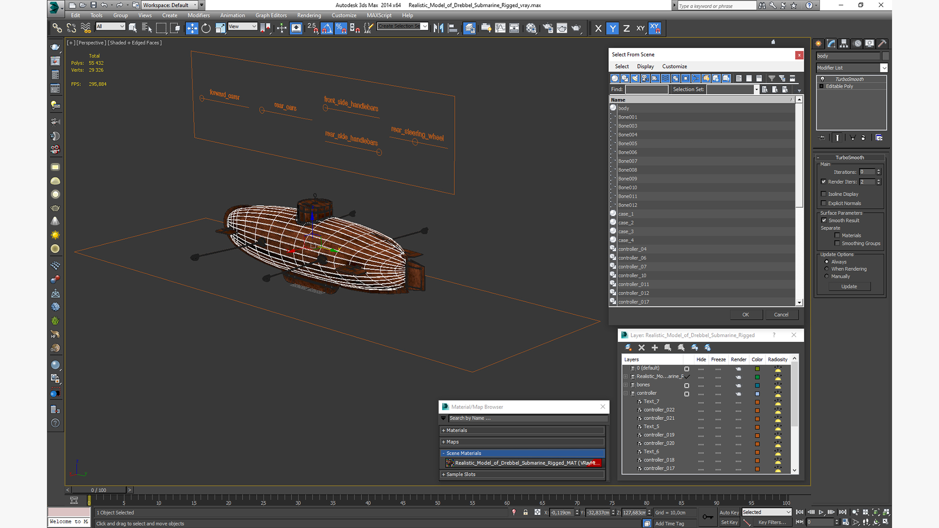 Realistic Model of Drebbel Submarine Rigged for Cinema 4D 3D