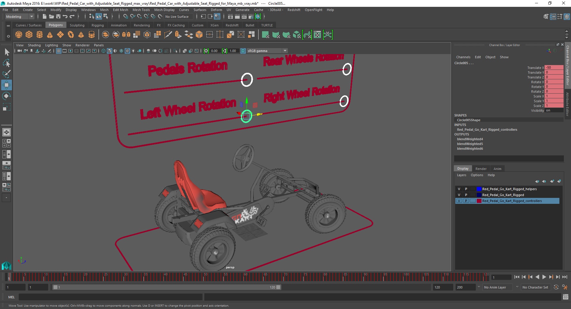 3D model Red Pedal Car with Adjustable Seat Rigged for Maya