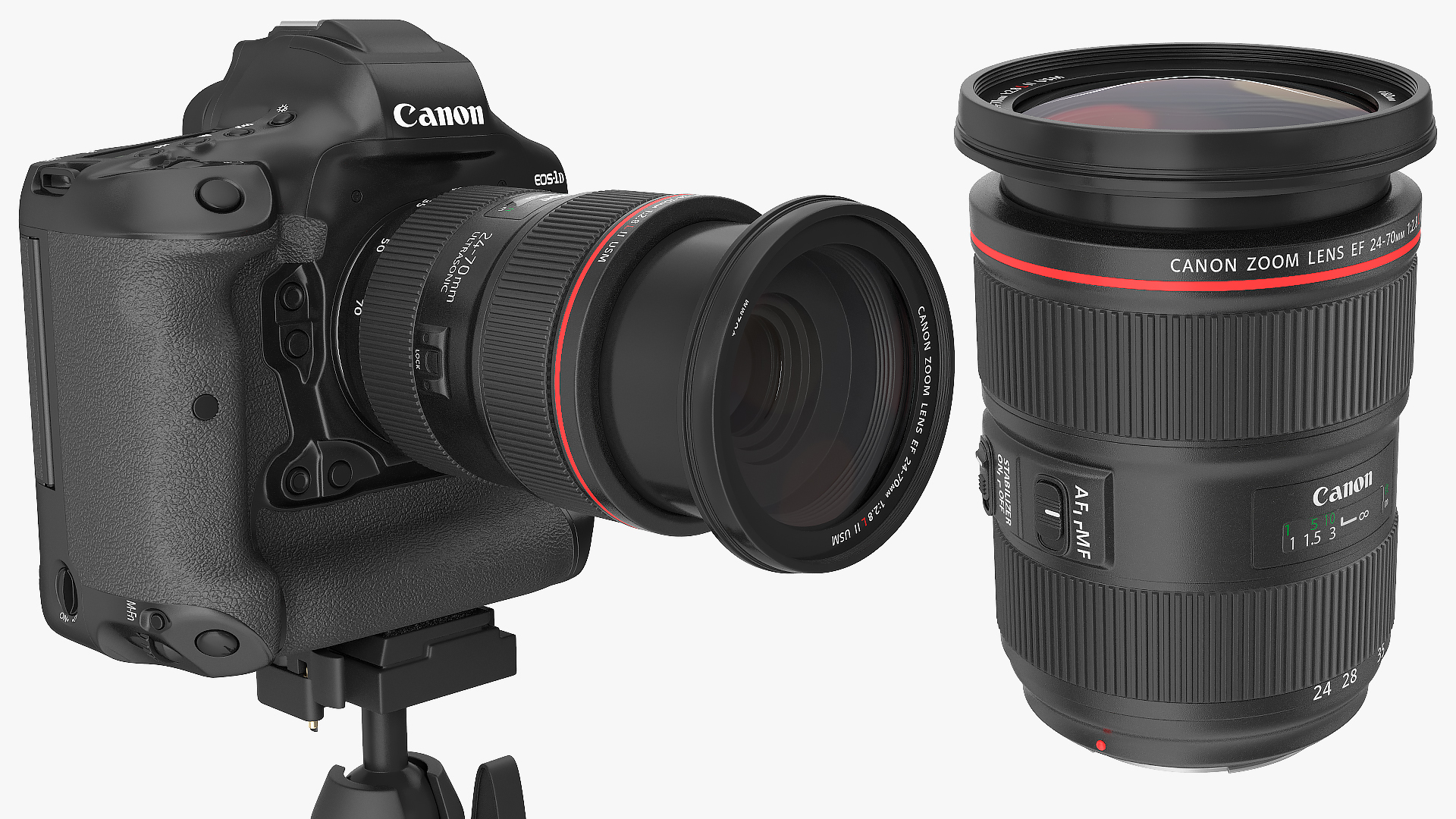 3D model Canon 1DX with Zoom Lens 24 70 on Tripod