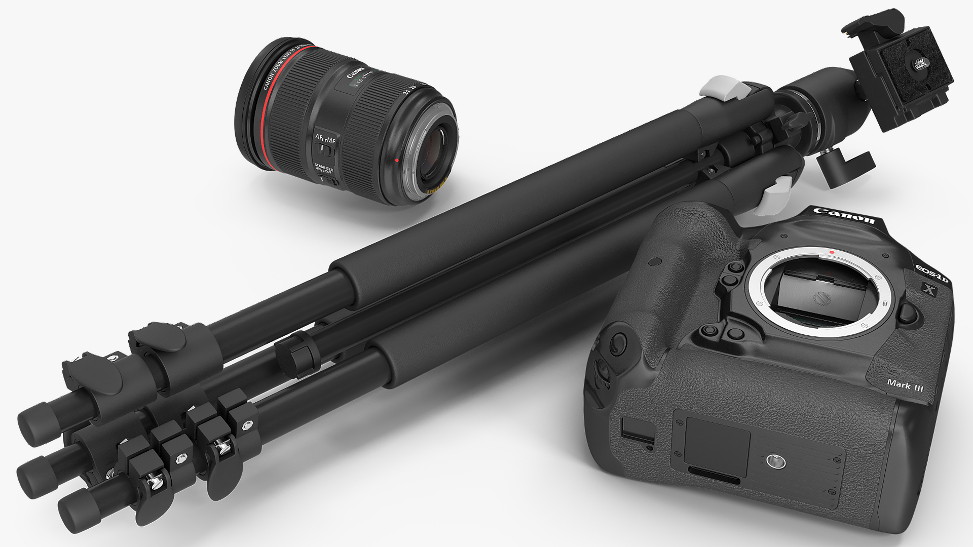 3D model Canon 1DX with Zoom Lens 24 70 on Tripod