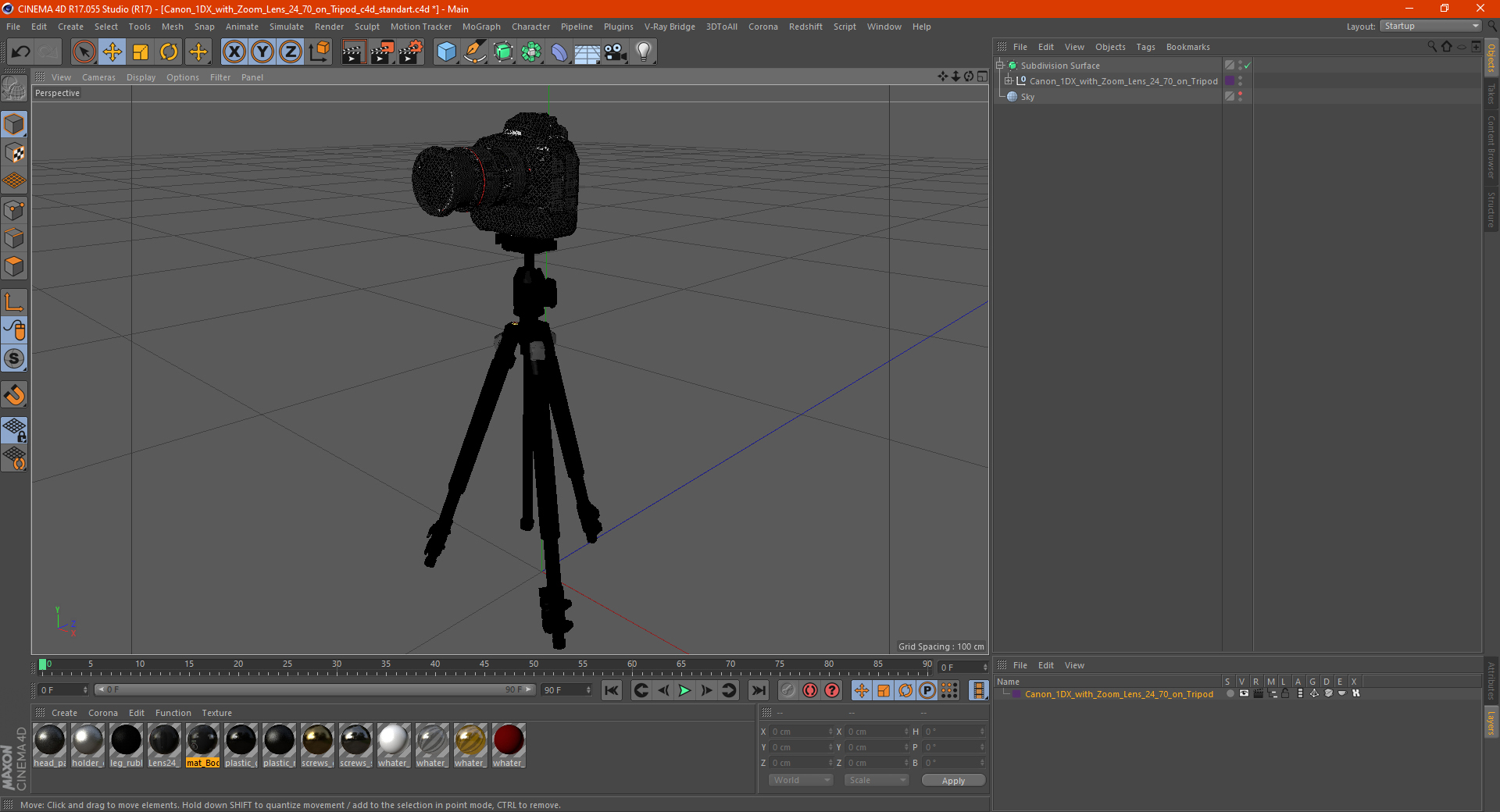 3D model Canon 1DX with Zoom Lens 24 70 on Tripod