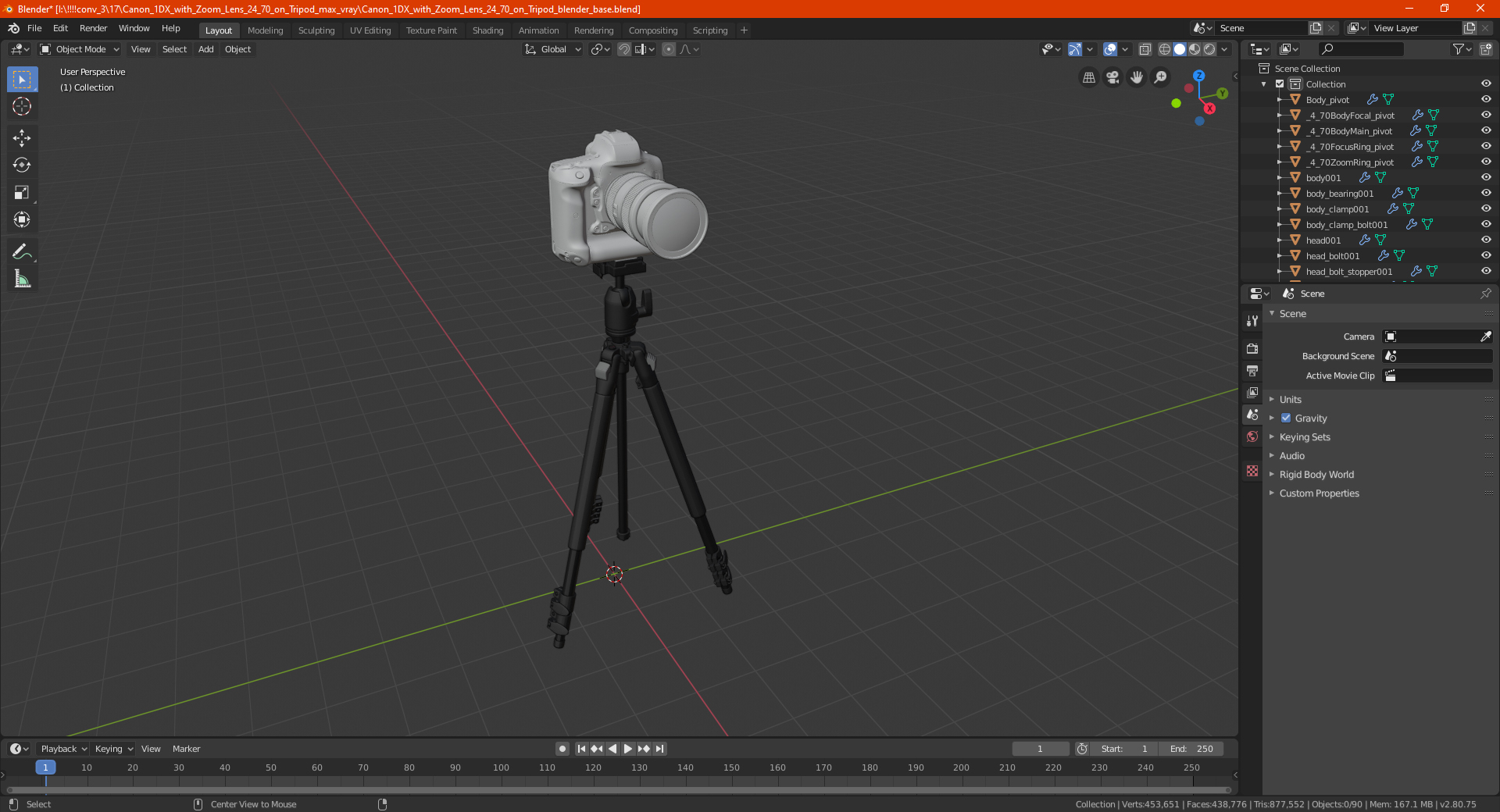 3D model Canon 1DX with Zoom Lens 24 70 on Tripod
