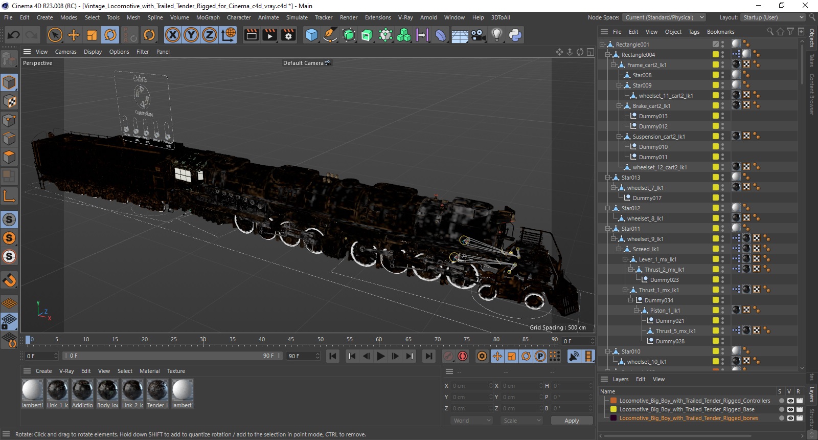 Vintage Locomotive with Trailed Tender Rigged for Cinema 4D 3D model