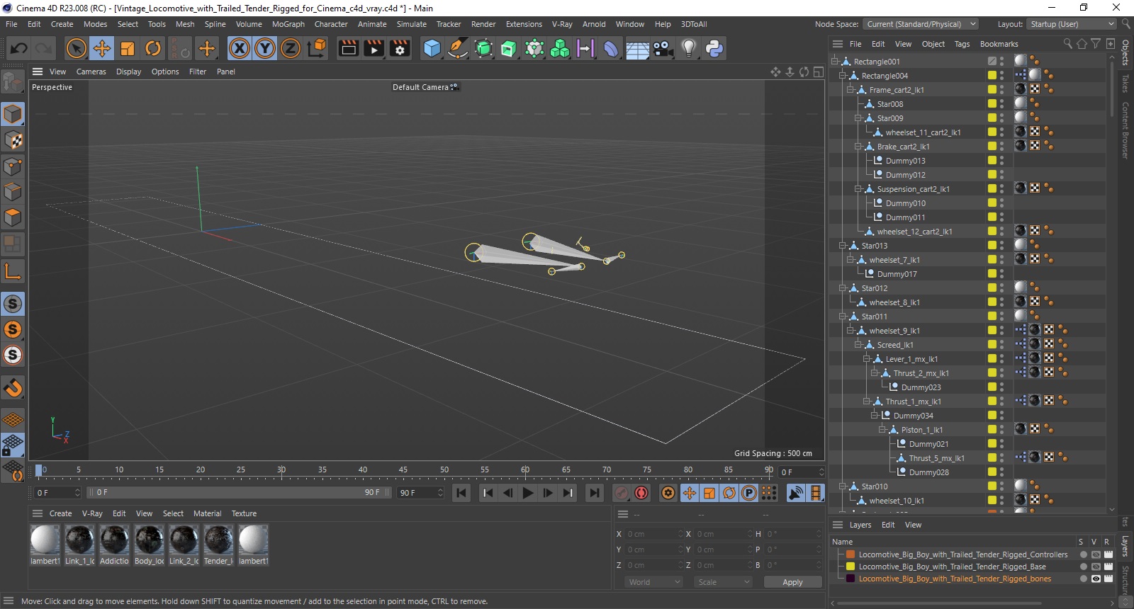 Vintage Locomotive with Trailed Tender Rigged for Cinema 4D 3D model