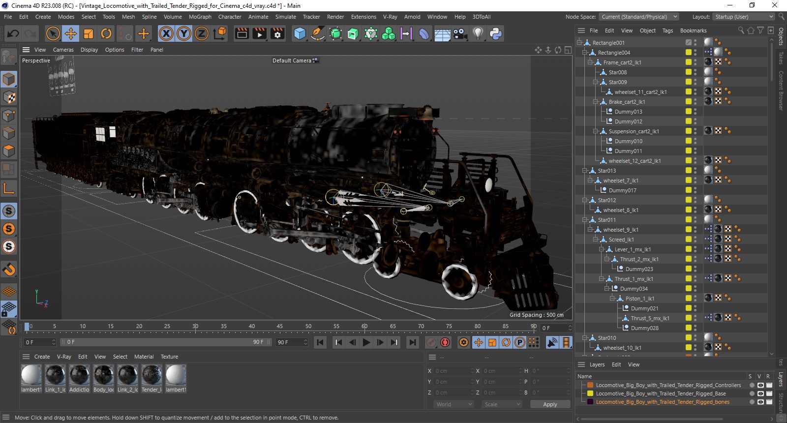 Vintage Locomotive with Trailed Tender Rigged for Cinema 4D 3D model