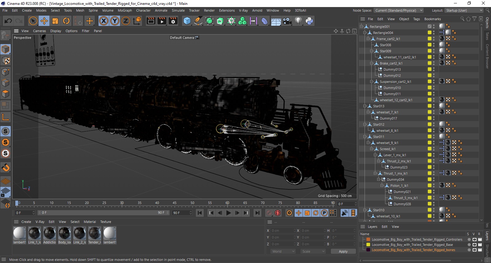 Vintage Locomotive with Trailed Tender Rigged for Cinema 4D 3D model