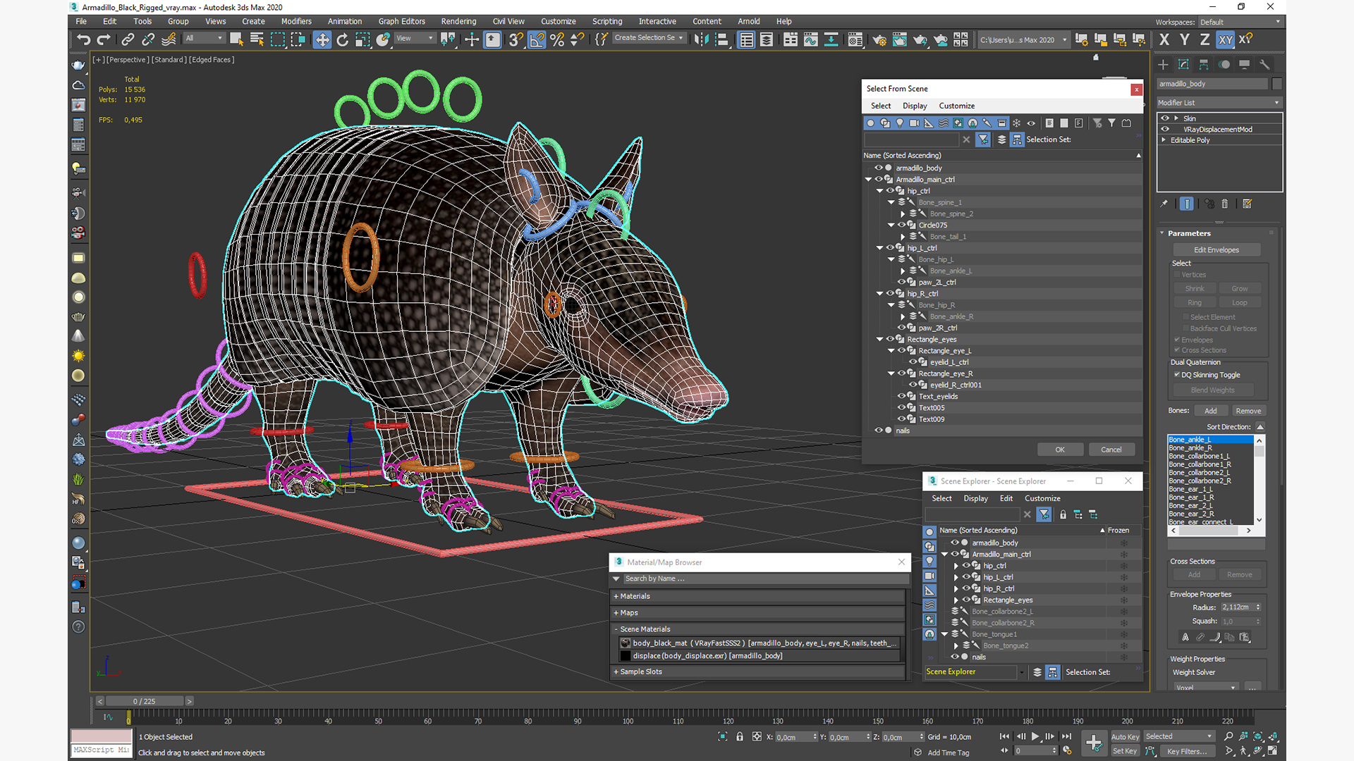 3D Armadillo Black Rigged for Cinema 4D