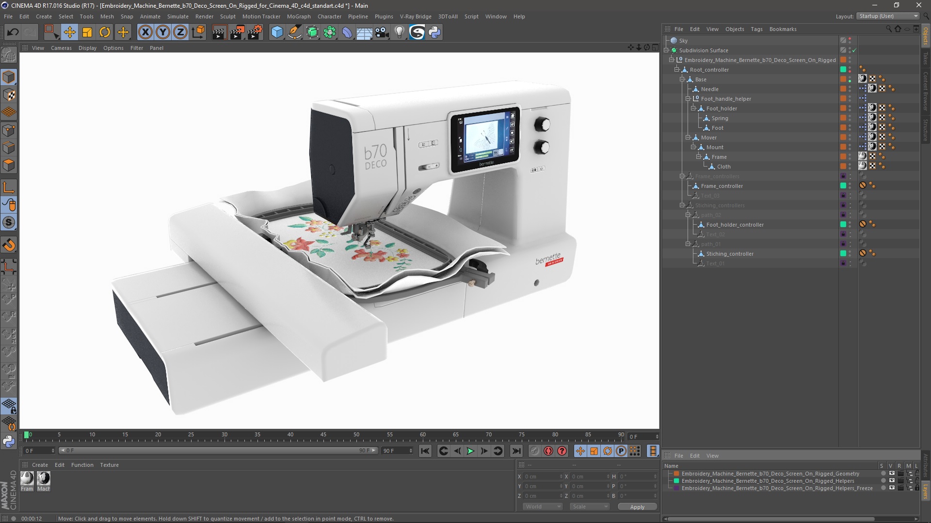 Embroidery Machine Bernette b70 Deco Screen On Rigged for Cinema 4D 3D