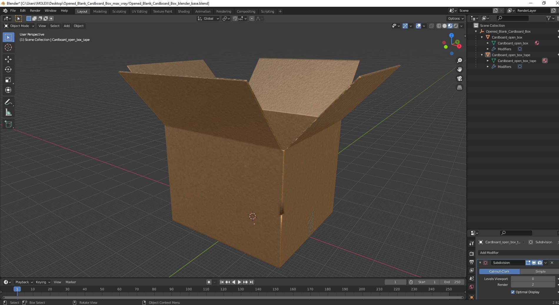 3D Opened Blank Cardboard Box
