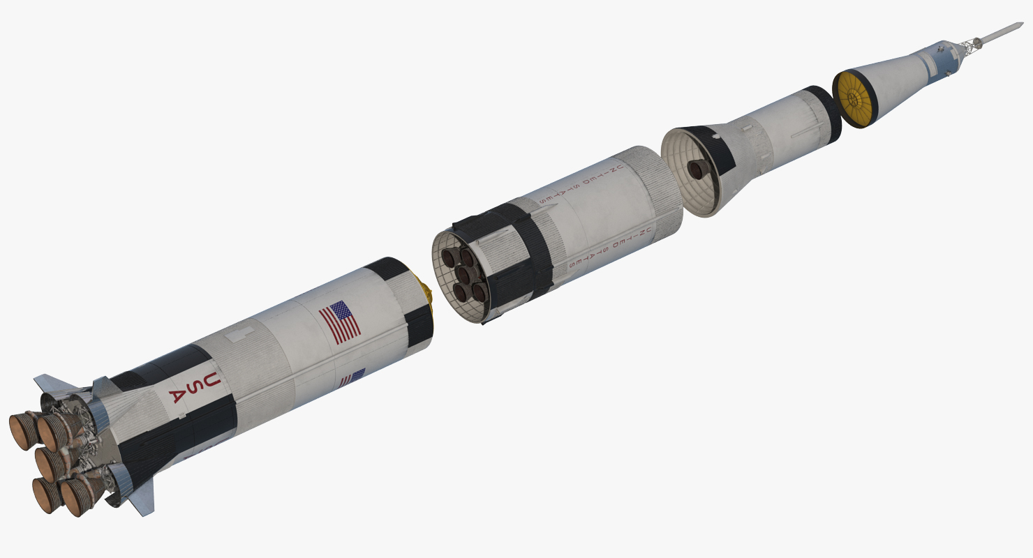 Three Stage Super Heavy Saturn V Rocket with Internal Parts 3D model