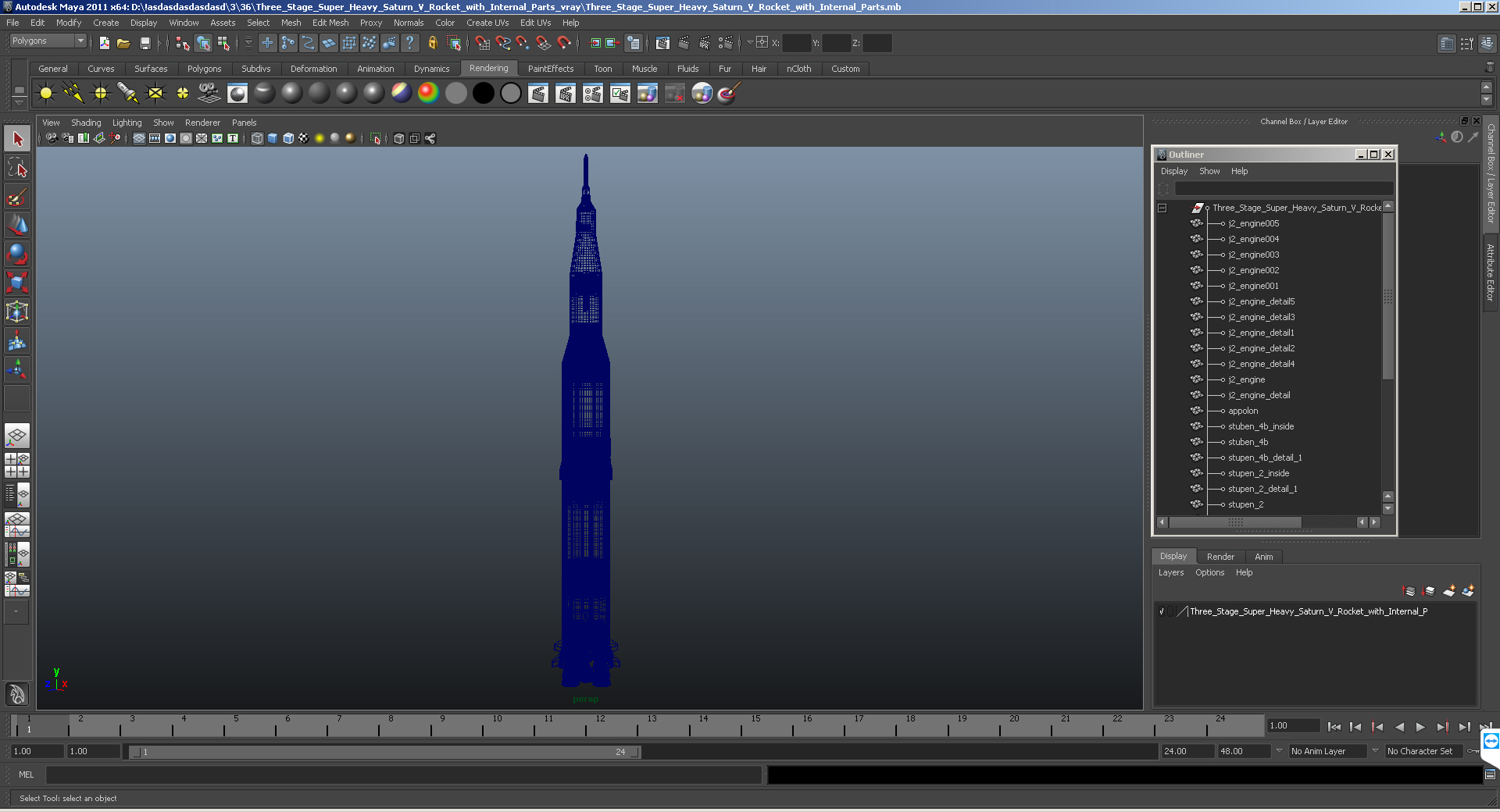 Three Stage Super Heavy Saturn V Rocket with Internal Parts 3D model