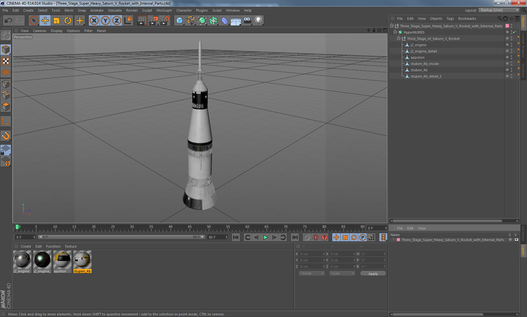 Three Stage Super Heavy Saturn V Rocket with Internal Parts 3D model