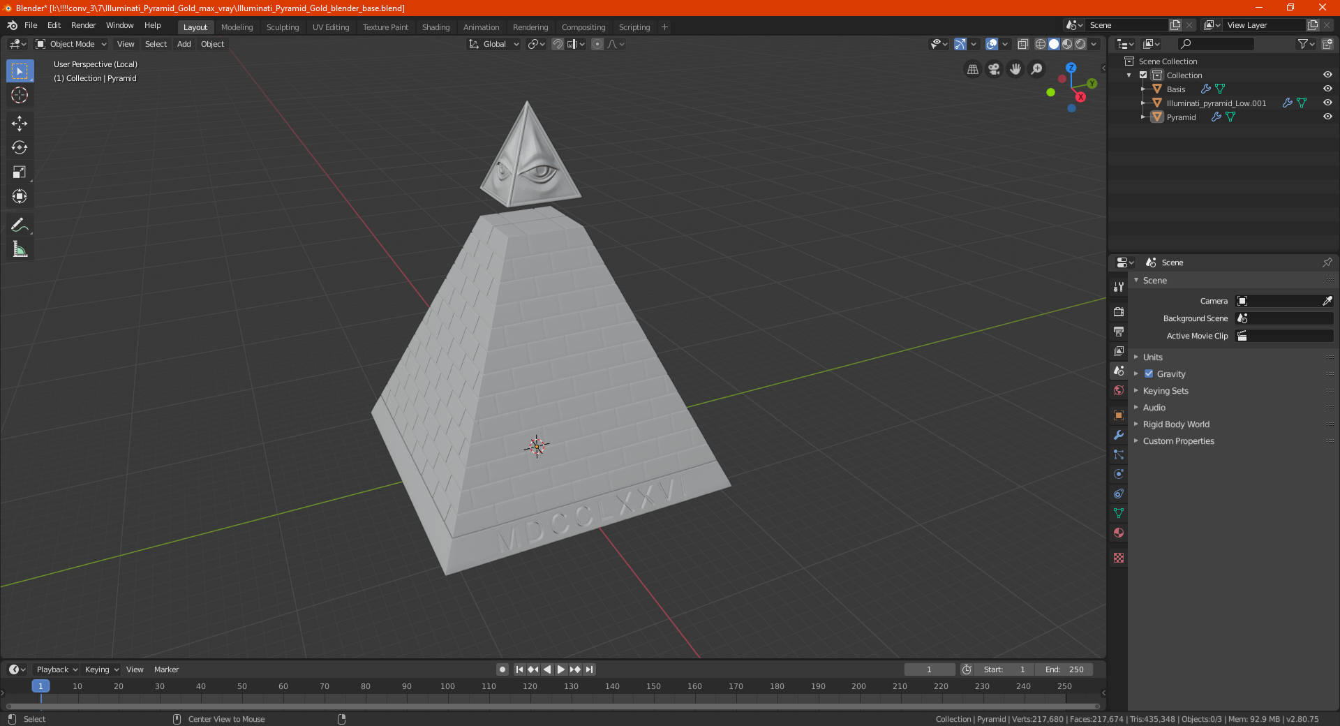 3D Illuminati Pyramid Gold model