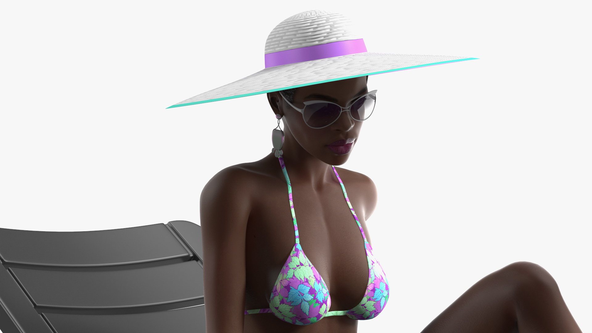 3D Dark Skin Women in Bikini Lying on Chaise Lounge model