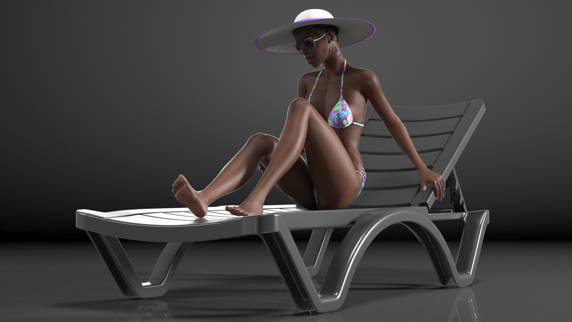 3D Dark Skin Women in Bikini Lying on Chaise Lounge model