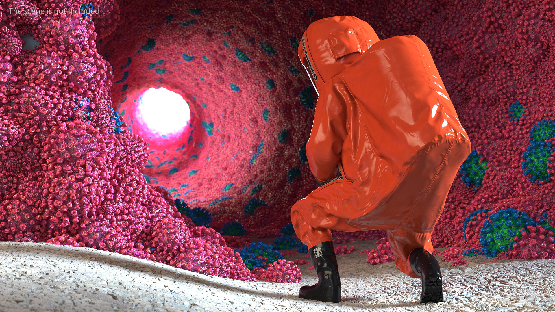 3D model Heavy Duty Chemical Protective Suit Squat Pose Red