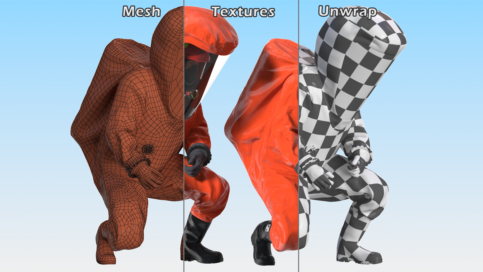 3D model Heavy Duty Chemical Protective Suit Squat Pose Red