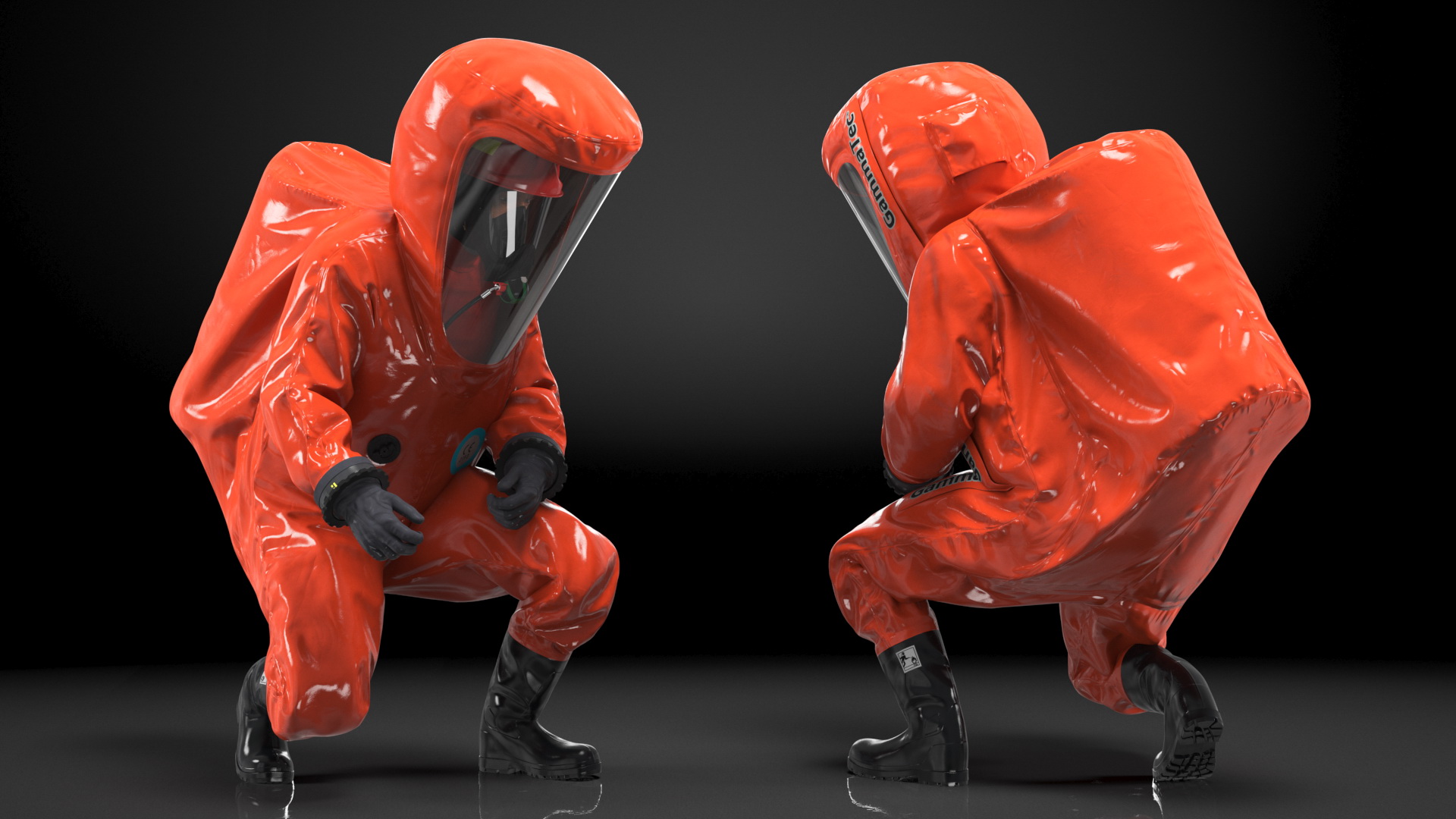 3D model Heavy Duty Chemical Protective Suit Squat Pose Red