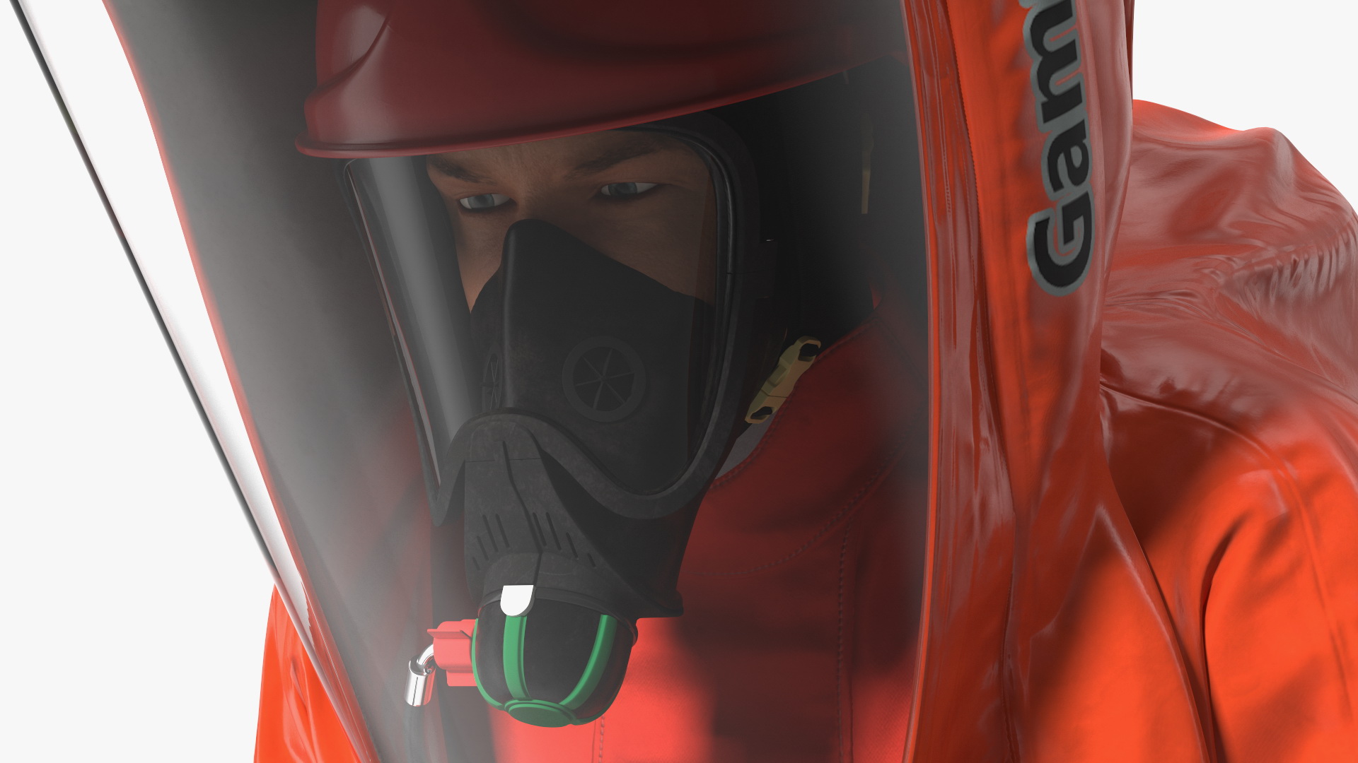 3D model Heavy Duty Chemical Protective Suit Squat Pose Red