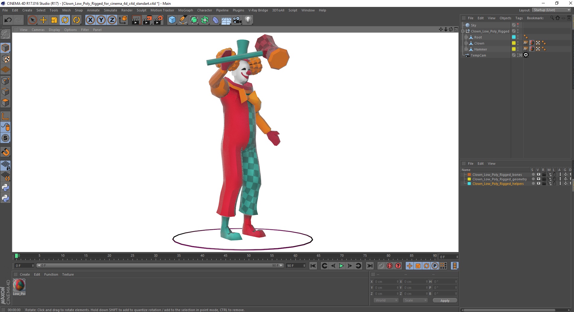 3D model Clown Low Poly Rigged for Cinema 4D