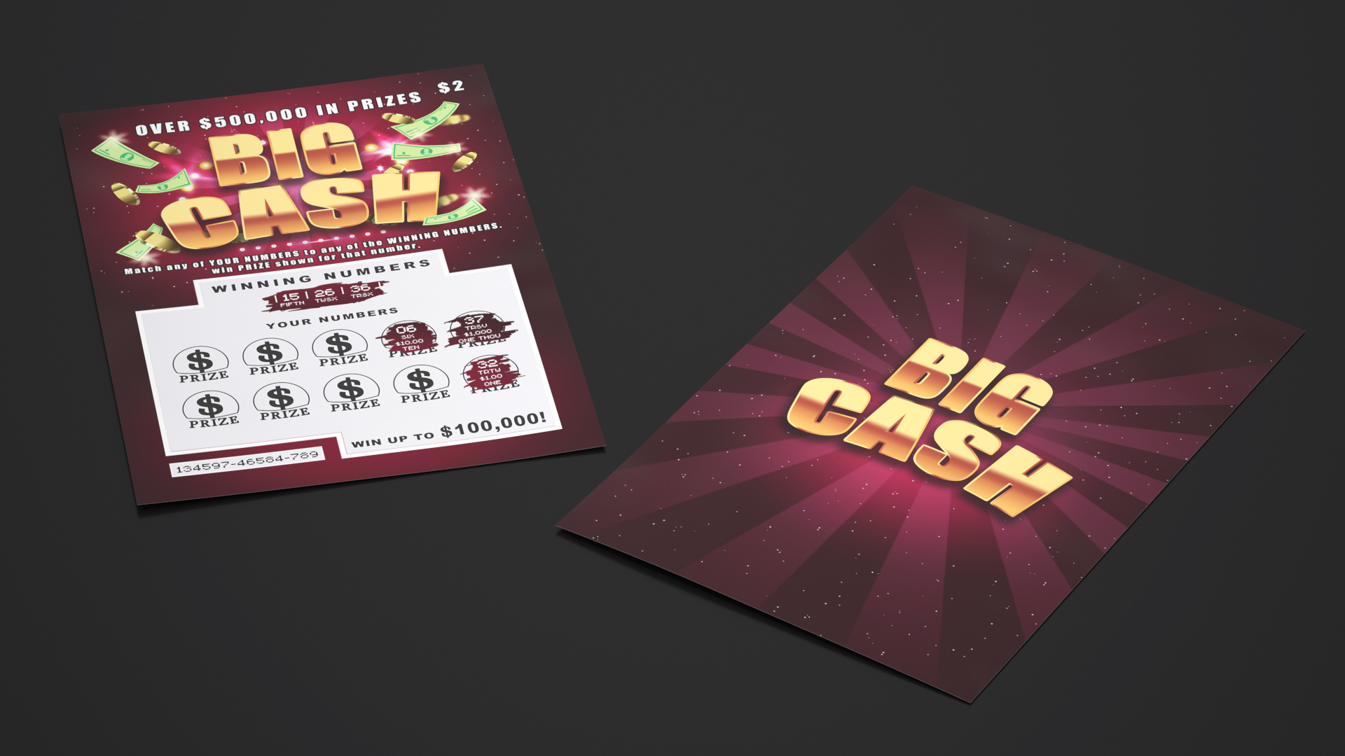 Big Cash Lottery Ticket with Erased Scratchcard 3D