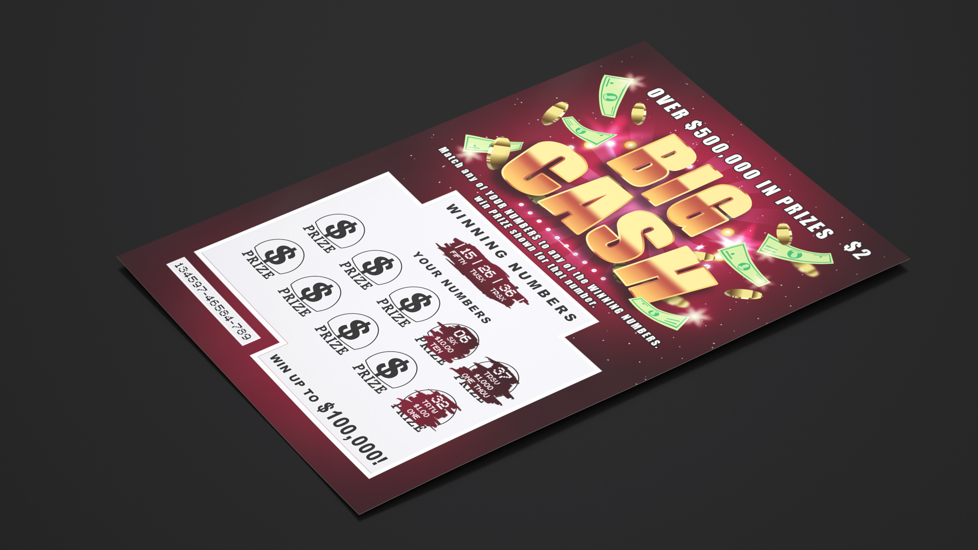 Big Cash Lottery Ticket with Erased Scratchcard 3D