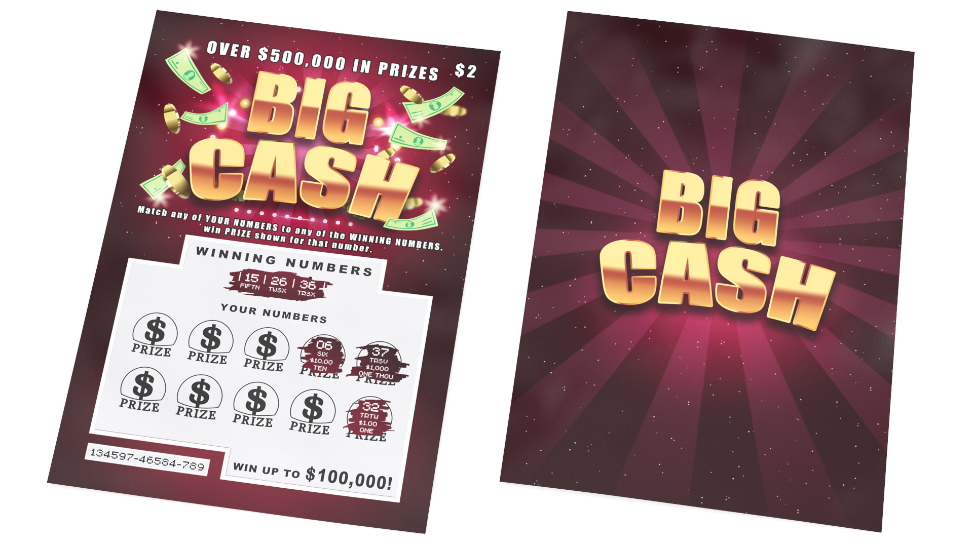 Big Cash Lottery Ticket with Erased Scratchcard 3D