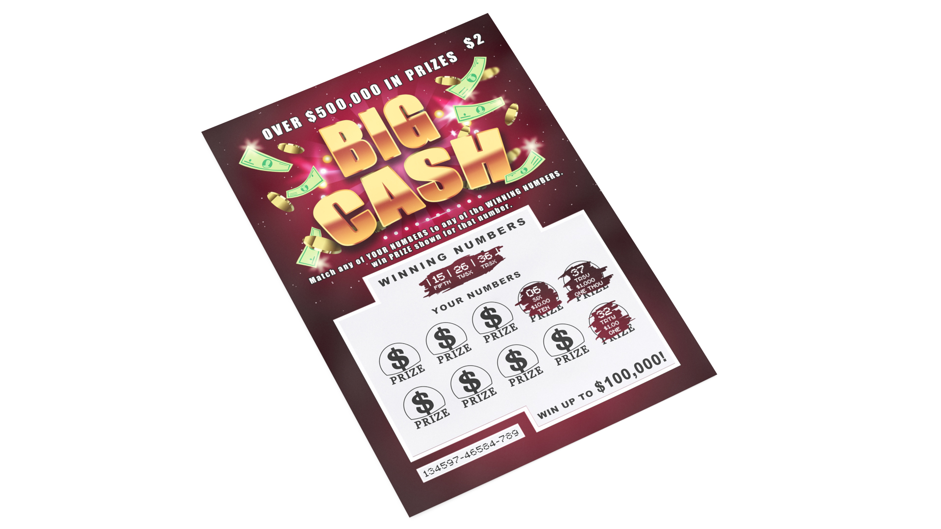 Big Cash Lottery Ticket with Erased Scratchcard 3D