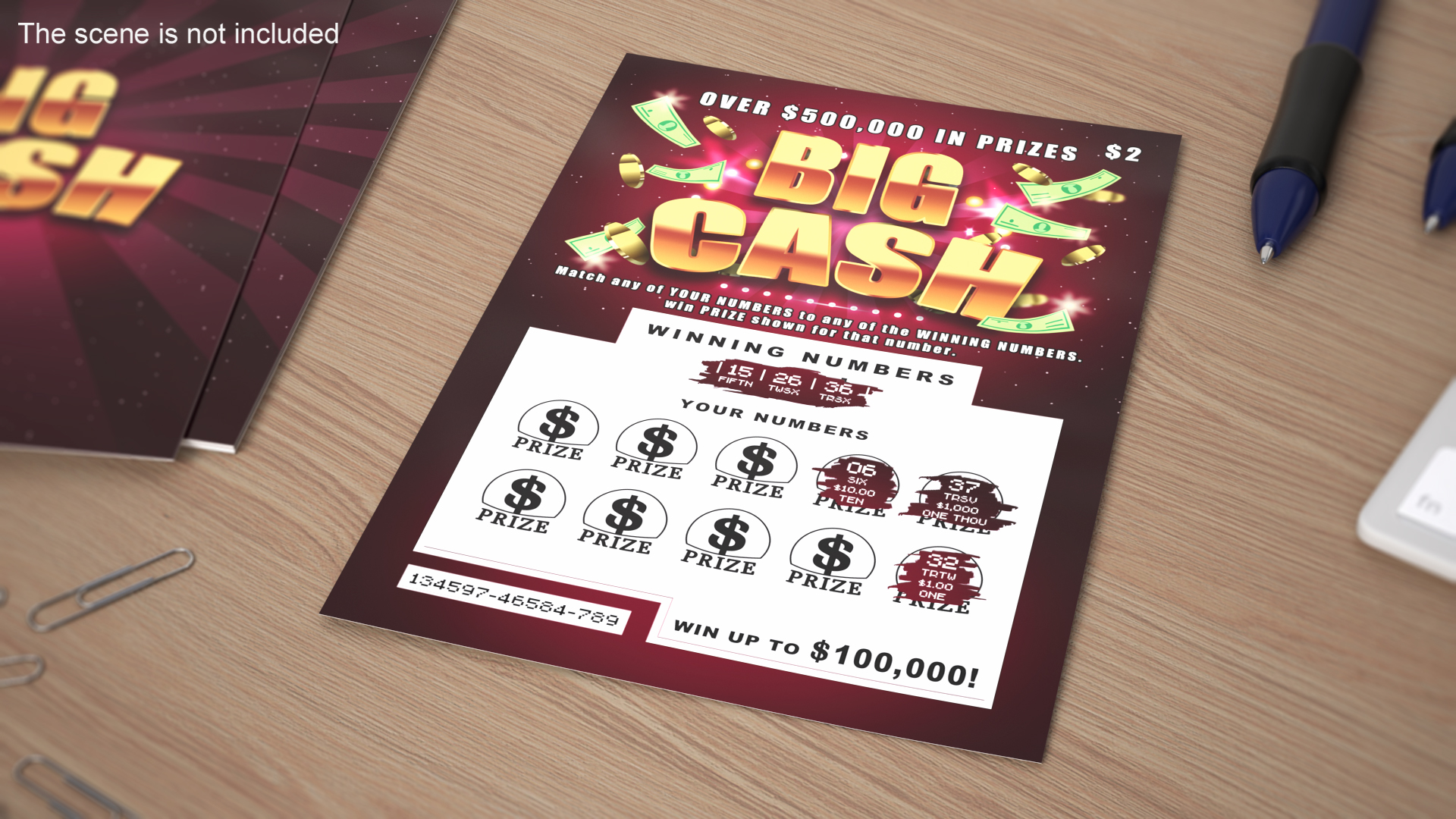 Big Cash Lottery Ticket with Erased Scratchcard 3D