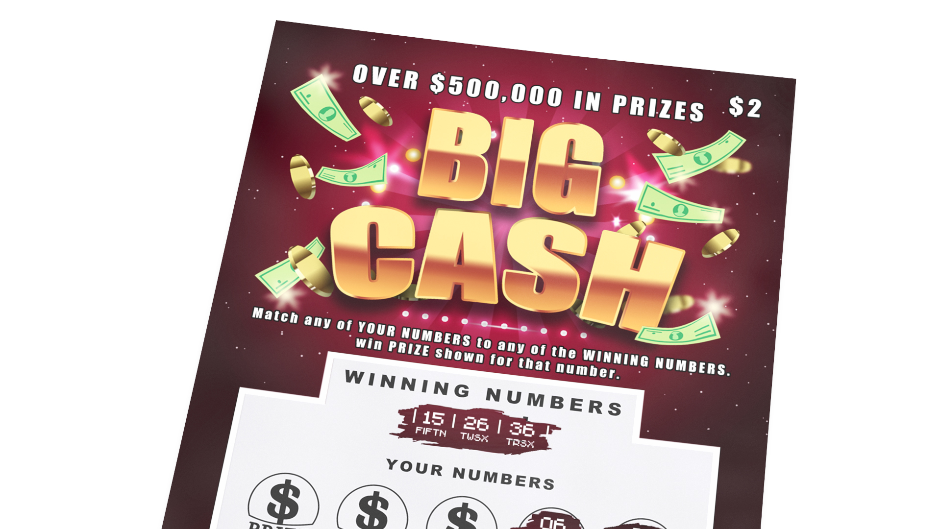 Big Cash Lottery Ticket with Erased Scratchcard 3D