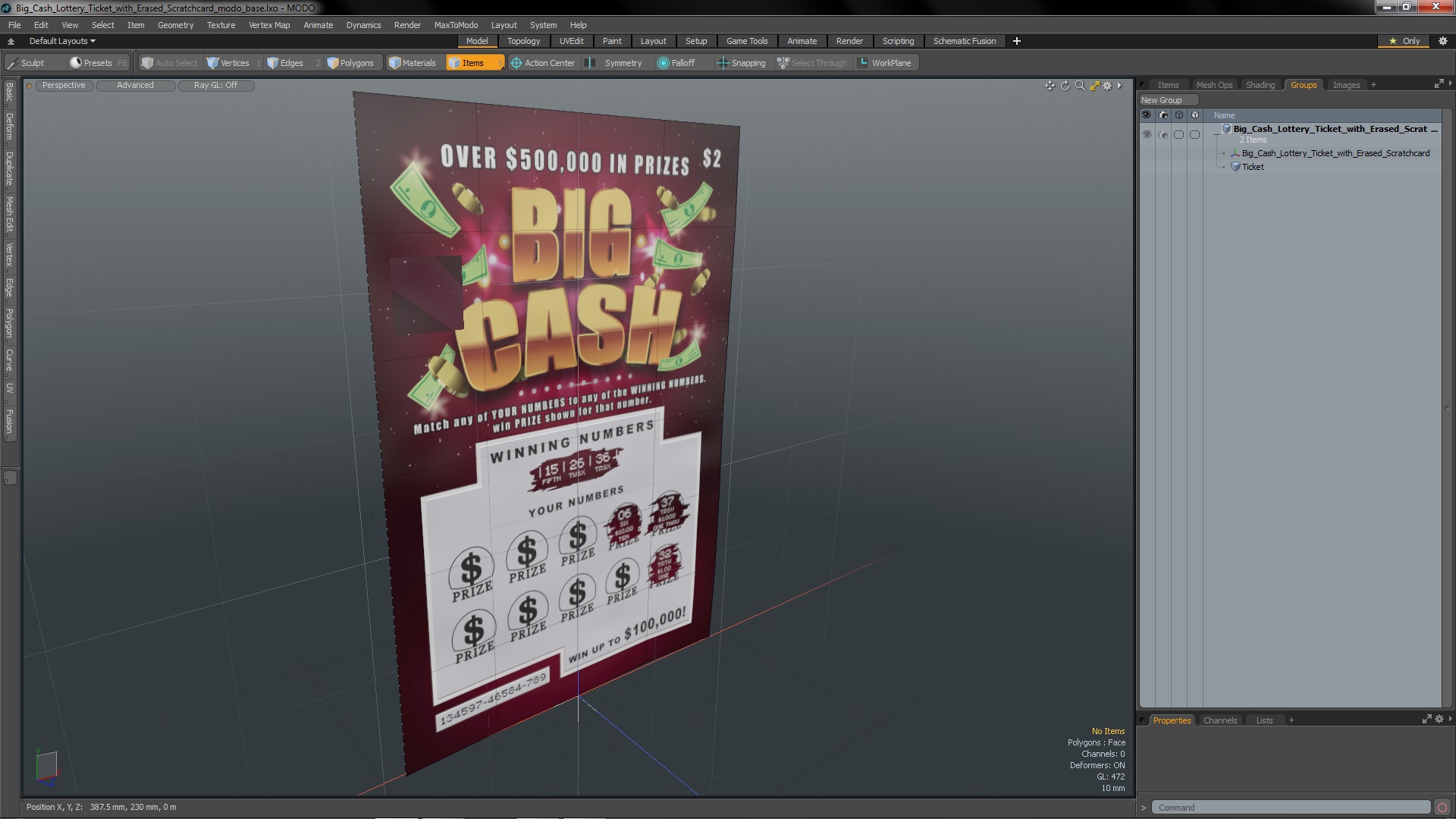 Big Cash Lottery Ticket with Erased Scratchcard 3D