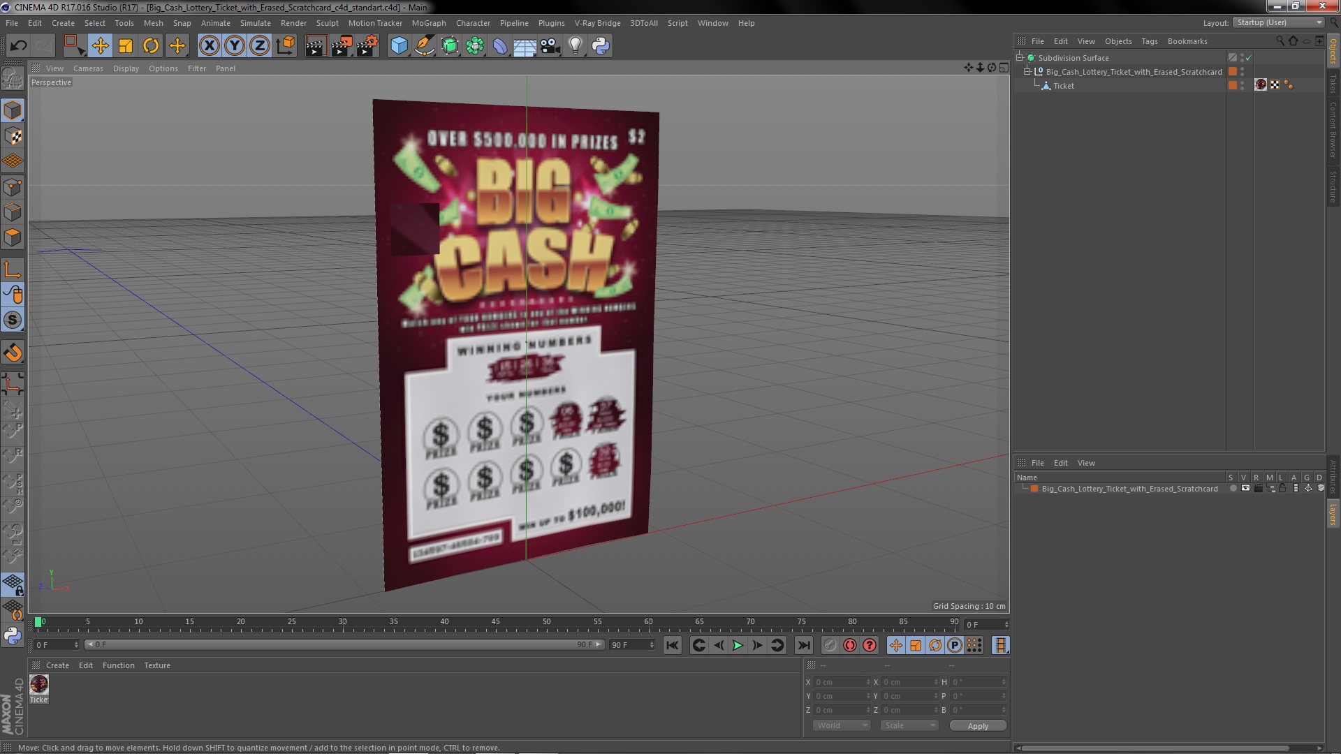 Big Cash Lottery Ticket with Erased Scratchcard 3D