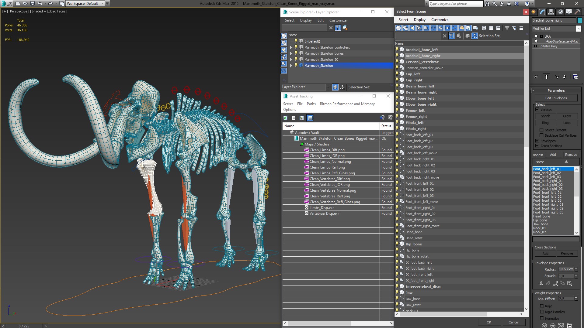 3D model Mammoth Skeleton Clean Bones Rigged