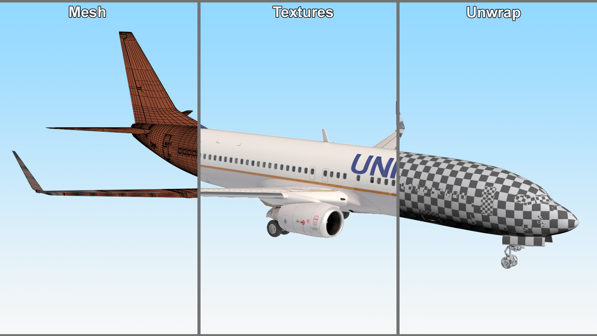 3D United Airlines Boeing 737 with Cockpit and Cabin Rigged