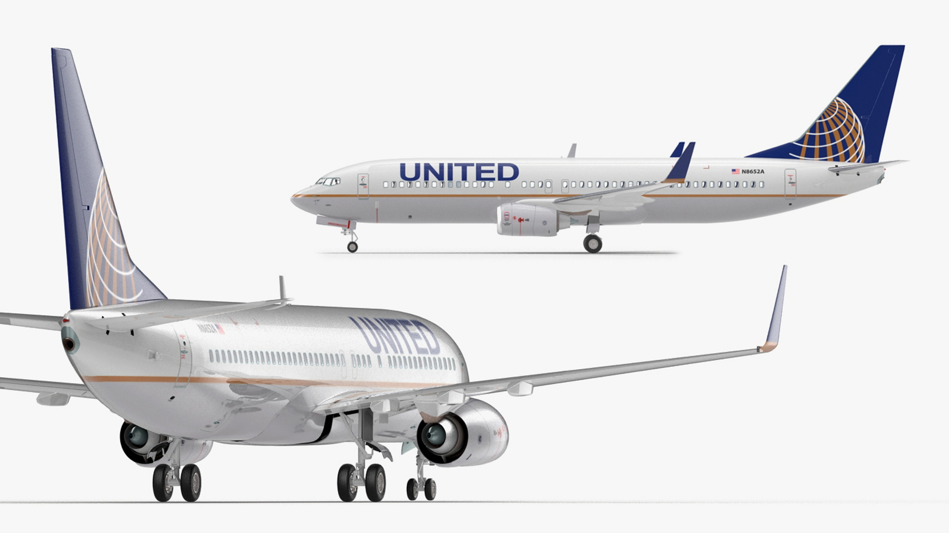 3D United Airlines Boeing 737 with Cockpit and Cabin Rigged