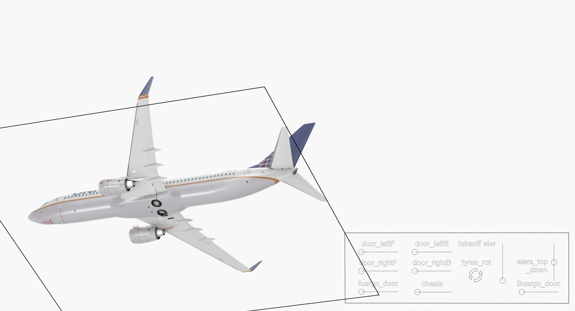 3D United Airlines Boeing 737 with Cockpit and Cabin Rigged