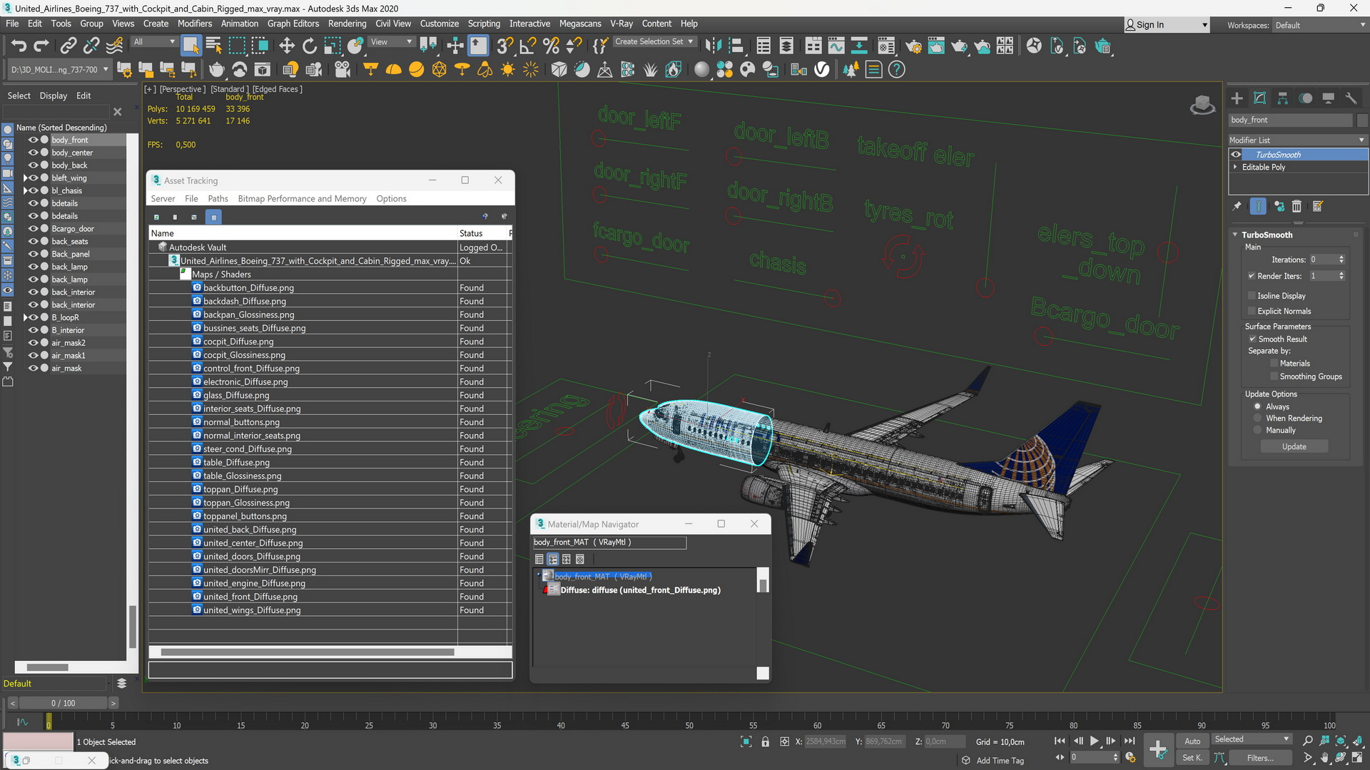 3D United Airlines Boeing 737 with Cockpit and Cabin Rigged