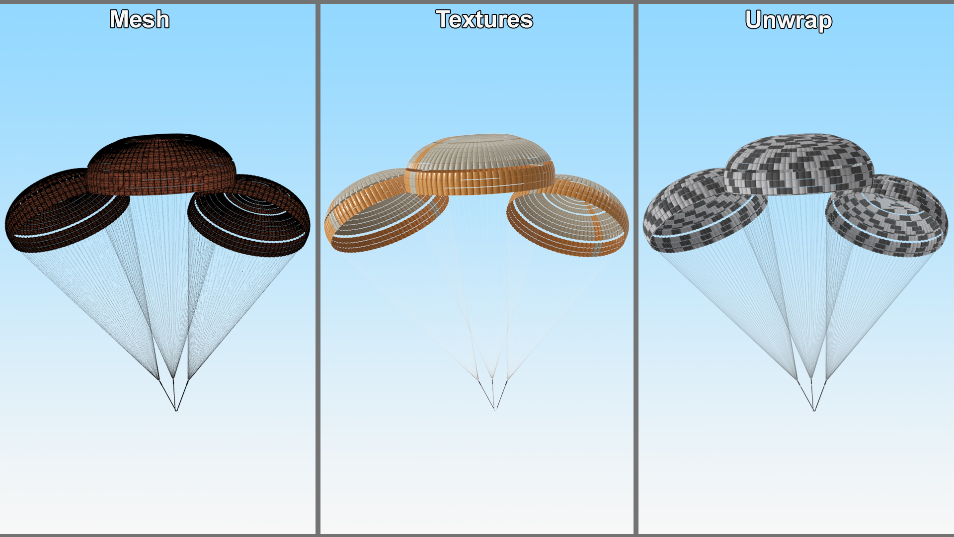 Subscale Parachute Triple Yellow 3D