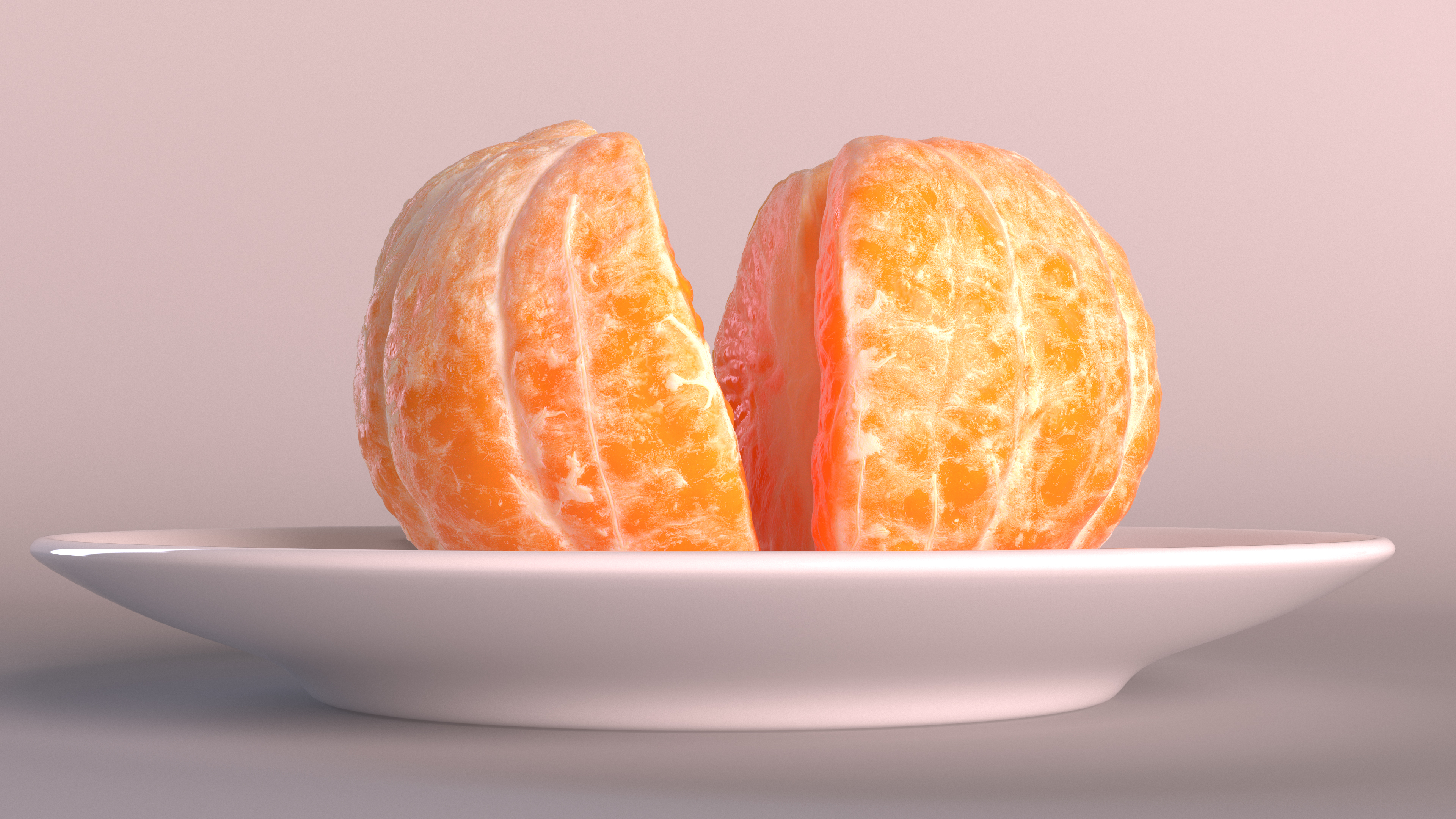 3D Peeled Tangerine Fruit Split in Half on White Plate