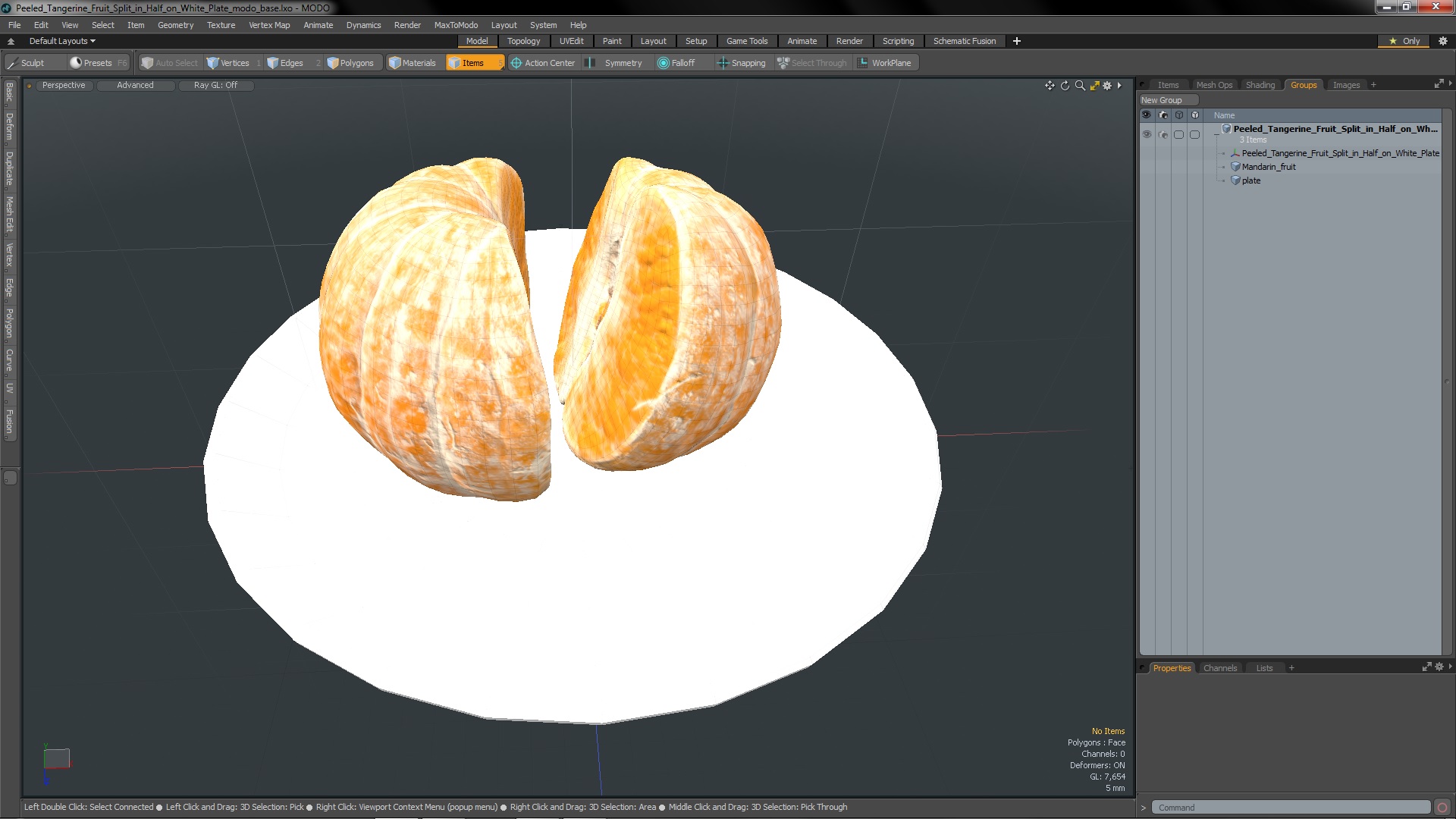 3D Peeled Tangerine Fruit Split in Half on White Plate