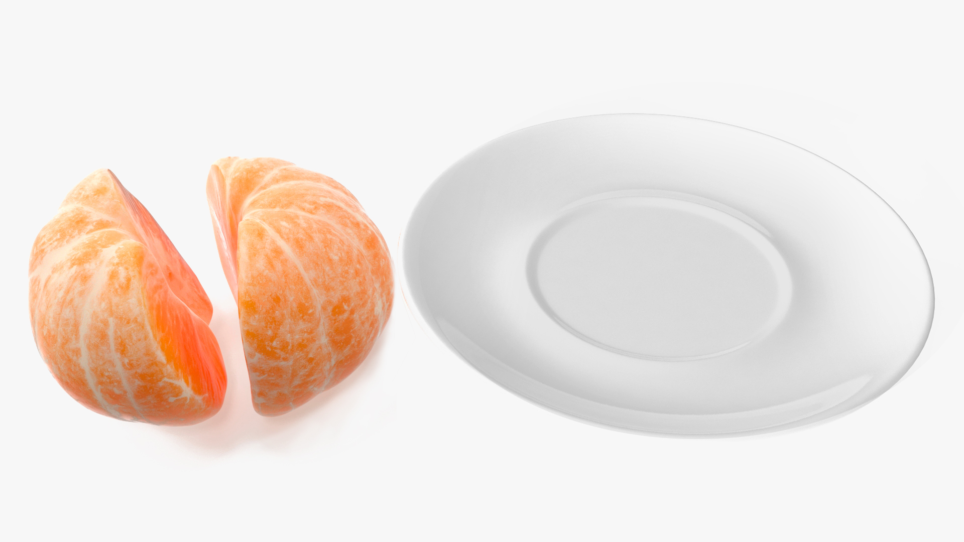 3D Peeled Tangerine Fruit Split in Half on White Plate